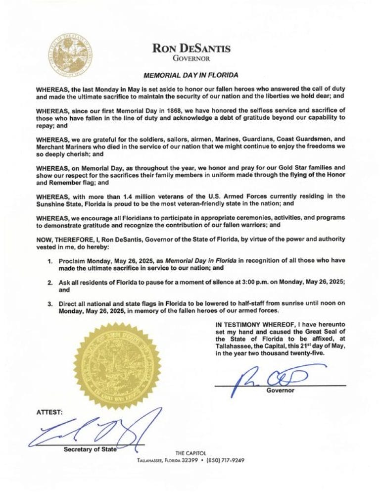 Memorial Day Proclamation from Gov. DeSantis Requests Respect in Honoring Fallen Heroes